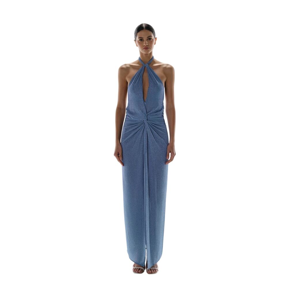 Baobab Linus Stretch Tech Halter Neck Front Knot Maxi Dress Blue Women's Size L